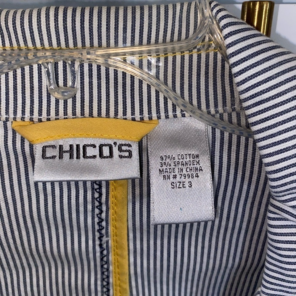 Chico's Seersucker Striped gray white yellow Yachtie Blazer coastal classic - Picture 14 of 16